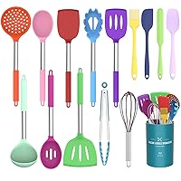 Umite Chef Kitchen Utensils Set, 15 pcs Silicone Cooking Kitchen Utensils Set, Non-stick Silicone Stainless Steel Handle Turner Spatula Spoon Tongs Whisk Cookware - Colorful