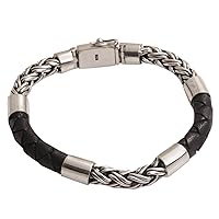 NOVICA Handmade .925 Sterling Silver Men's Leather Bracelet from Bali Chain Braided Indonesia 'One Strength'