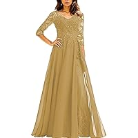 Sequins Lace Mother of The Bride Dresses with Sleeve V-Neck Pleated Long Chiffon Formal Dress with Applique