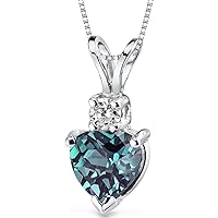PEORA 14K White Gold Created Alexandrite with Genuine Diamond Pendant for Women, Color-Changing Solitaire, 1 Carat Heart Shape AAA Grade