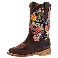Kids Brown Western Cowboy Boots Paisley Pattern Leather Square Toe