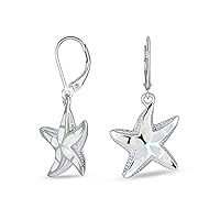 Iridescent White Or Blue Created Opal Inlay Nautical Vacation Honeymoon Ocean Marine Life Starfish Dangle Drop Lever back Earrings For Women .925 Sterling Silver October Birthstone