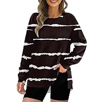 Women Flannel Sweatshirt Women's Fashion Side Split Round Neck Pullover Long Sleeve Printed Top Sweatshirt