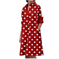 Fashion Polka Dots Button Down Lapel Shirt Dress for Women Long Sleeve Dressy Casual Loose Fit Tunic Pockets Dress