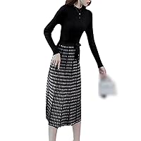Winter Vintage Print Knitted Sweater Pleated Dress Women Elegant Belted Plaid A-Line Dresses Casual Midi Vestidos