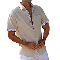Men's Plaid Patchwork Shirt Relaxed Fit Button Down Tee Shirts Casual Short Sleeve Hawaiian T-Shirt Vacation Tee Tops Sports Clothes for Men Navy Mens Hawaiian Shirt