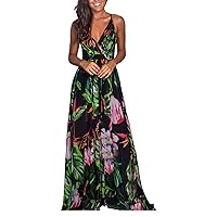2023 Women's Deep V Neck Floral Adjustable Spaghetti Strap Beach Sleeveless Casual Split Long Maxi Dresses for Women