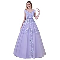 V Neck Cap Sleeve Long Prom Dresses for Women Puffy Tulle Laces Appliques A Line Sweet Quinceanera Dresses