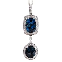 14.19 Carat Natural London Blue Topaz and Diamond (F-G Color, VS1-VS2 Clarity) 14K White Gold Pendant Necklace for Women Exclusively Handcrafted in USA