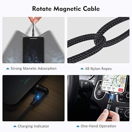 540 Magnetic Charging Cable-540 Rotating Phone Charger with 3 Removable connectors - Nylon Braided Cable-3in1 Charger Micro, Type C USB- 6FT, Black