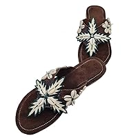 Exclusive Designer Brown Leather T-Strap Sandals Ethnic Floral Boho Sandals By MODOEDEN