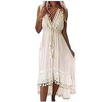 Women's Bohemian Dress,V Neck Long Sleeve Tassel Plus Size Long Lace Dress Vacation Beach Ethnic Style Maxi Dresses