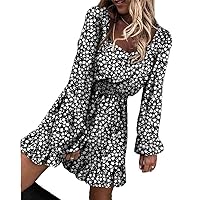 Autumn Long Sleeve Floral Mini Dress Casual Collar Clothes Fashion Ladies Dresses Spring