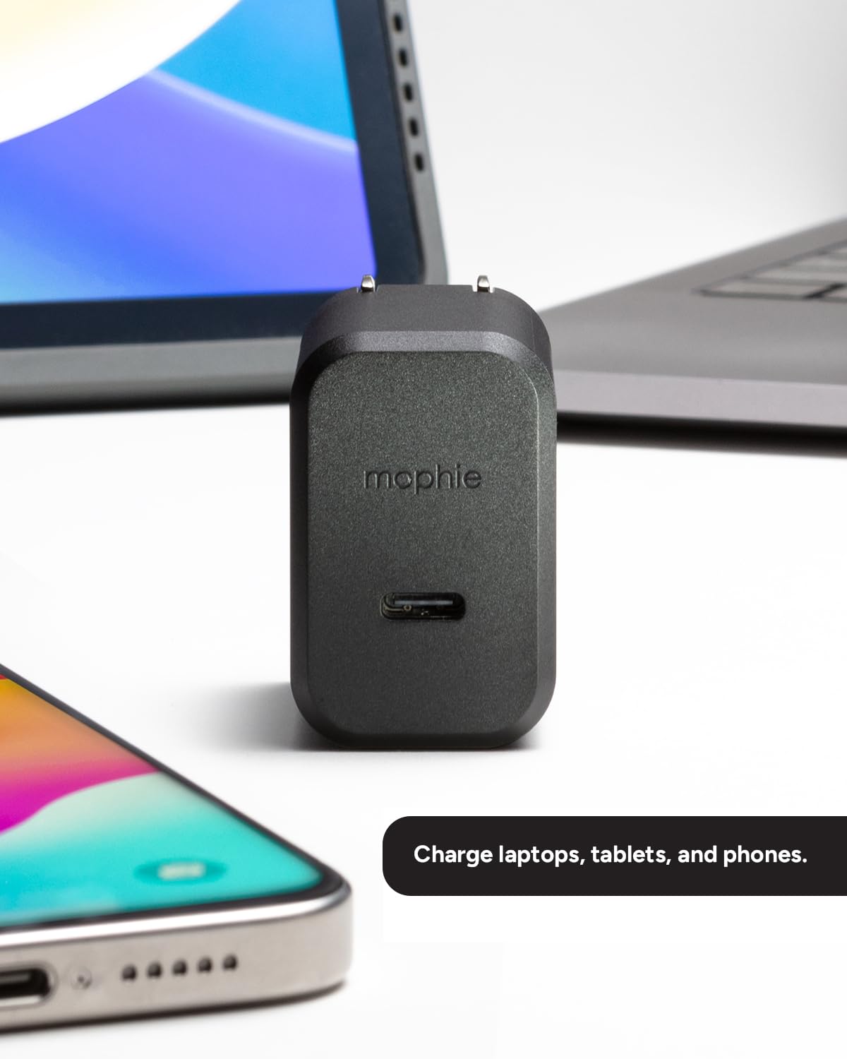 mophie GaN 30W Charger - Fast Charging 1 USB-C PD Port, with Foldable Prongs, Ultra-Compact Design for Phones, Tablets, Laptops, Made with Recycled Materials, Black