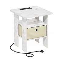 Andrey USB and Type-C Port Charging Station End Table with Storage Bin, 15.55 (W) x 12.56 (H) x 8.5 (D) inches, Marble White/Ivory