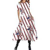 Summer Short Sleeve Midi Dresses Casual Plus Size Smocked Flowy A Line Dress Elegant Vintage Floral 4Th of July Dress