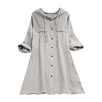 Women's Rolled Sleeve T-Shirts Oversized Vintage Loose Fit Tunic Tops Solid Color Button Up Blouse