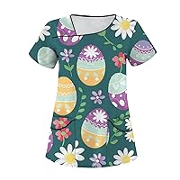 Easter Egg Print Tee Women's Summer Tshirt Short Sleeve Tops Trendy Blouse Slant Collar 2024 Double Pocket Shirt