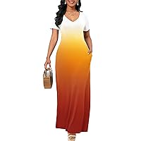 FANDEE Maxi Dress for Women Short Sleeve Summer Dresses V Neck Casual Loose Long T Shirt Dresses with Pockets