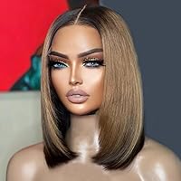 Brown Blonde Highlights Sliky Straight Bob 13x6 HD Lace Front Wig Human Hair Ombre for Women Brazilian 4 27 Color Short Bob Glueless Wig Preplucked Colored Upgraded Bleached Invisible Knots Wig