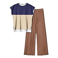 Women's 2 Piece Outfit Summer Color Block Outfits Cap Sleeve Crewneck Tops and Wide Leg Pants Tracksuit Loungewear