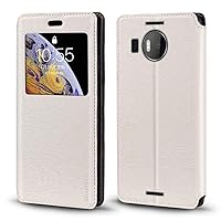 Microsoft Lumia 950 XL Case, Wood Grain Leather Case with Card Holder and Window, Magnetic Flip Cover for Microsoft Lumia 950 XL White