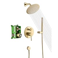 sumerain Brushed Gold Shower Faucet System with high pressure 8 Inches rain shower head and brass hand shower, Rough-In Valve Body and Trim Included