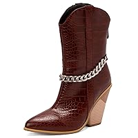 Womens Mid Calf Vintage Cowboy Boots Pointed Toe