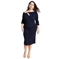 Trendy Plus Size Chain Strap Ribbed Knit Sweater Dress Midnight 3X