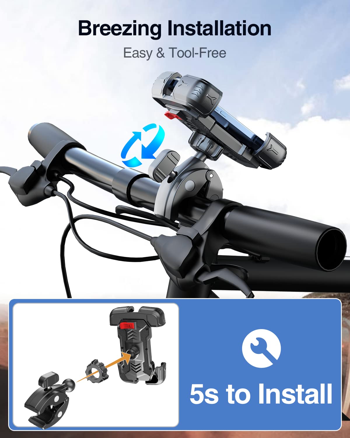 Motorcycle Phone Mount, [150mph Wind Anti-Shake][7.2inch Big Phone Friendly] Bike Phone Holder for Bicycle, [5s Easy Install] Handlebar Phone Mount, Compatible with iPhone, All Cell Phones