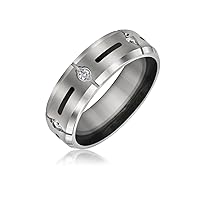 Black Inlay AAA CZ Cubic Zirconia Accent Silver Tone Mens Titanium Wide Wedding Band Ring For Men 8MM