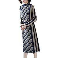 Vintage Plaid and Striped Winter Female Dresses Drawstring Long Sleeve Knitwear Knitted Sweater Dress for Women