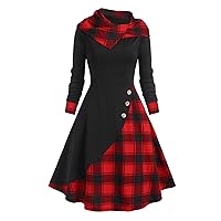 Womens Vintage Gothic Steampunk Dress Casual Plaid Patchwork Button Hooded Dress Retro Rockabilly Punk Hippie Dresses