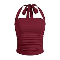 MakeMeChic Women's Plus Size Casual Ruched Front Backless Tie Back Sleeveless Summer Shirts Halter Tops