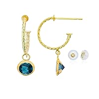 14K Yellow Gold 12mm Rope Half-Hoop with 4mm Round Gemstone Bezel Drop Earring with Silicone Back