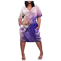 Plus Size Dresses for Women, Women's Summer Plus Size V-Neck Short Sleeve Knee Pocket Printed Casual Dress