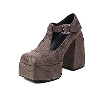Womens Chunky High Heel Platform Loafers Vintage Ankle Straps Oxford Shoes Square Toe Matte Leather Pumps with Buckle