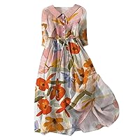 XJYIOEWT Tshirt Dress Women,Womens 3DV 3/4 Sleeve Skirt Brilliant Fragmented Flower Mid Length Flip Casual Dress Summer