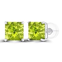 Solid 925 Sterling Silver Gold Plated 6mm Square Genuine Birthstone Stud Earrings For Women | Natural or Created Hypoallergenic Gemstone Stud Earrings