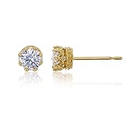 14K Yellow Gold 4mm Round Cut Crown Setting Stud Earring