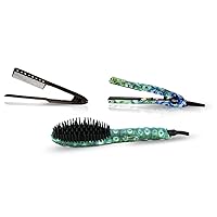 Neo 3 pcs Set - Ionic Heated Brush Straightener, Ceramic Flat Iron and Easy Hair Comb Full Set (Peacock)