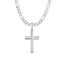 Mens Sterling Silver Traditional Cross Pendant with Italian Figaro Chain Necklace
