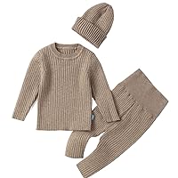 Teach Leanbh Baby Boys Girls Sweater Set Ribbed Elastic Knit Clothes Outfit Set Solid Tops High Waist Pants Hat