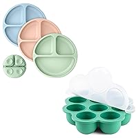 KeaBabies 3-Pack Suction Plates for Baby, Toddler & Silicone Baby Food Freezer Tray with Clip-on Lid - 100% Silicone Toddler Plates - 2oz x 10 Pods Baby Food Silicone Freezer Molds- Divided Baby Plate