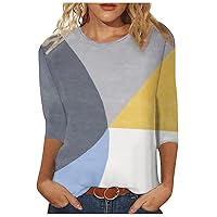 Womens T Shirts Trendy Geometric Color Patchwork Printed Slim Fit 3/4 Sleeves Blouse Round Neck Pullover Tops