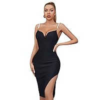 Unique Elegant Women Evening Gown Dress Black Beading Halter Sexy Tube Split Bodycon Party Club Dress