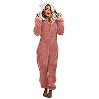 Women's Cute Ear Hooded Onesie Pajamas Plush Long Sleeve Jumpsuit Winter Warm Sleepwear Fleece Rompers Outfits