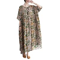 Summer Oversize Cotton Vintage Print Dresses for Women Short Sleeve Casual Loose Dresses Long Dress Elegant Clothes