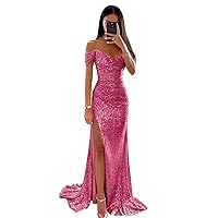 Basgute Sequin Mermaid Prom Dresses for Women 2024 Sparkly Long Off Shoulder V Neck Formal Evening Party Gown with Slit