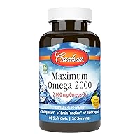 Carlson - Maximum Omega 2000, 2000 mg Omega-3 Fatty Acids Including EPA and DHA, Wild-Caught, Norwegian Fish Oil Supplement, Sustainably Sourced Fish Oil Capsules, Lemon, 60 Softgels